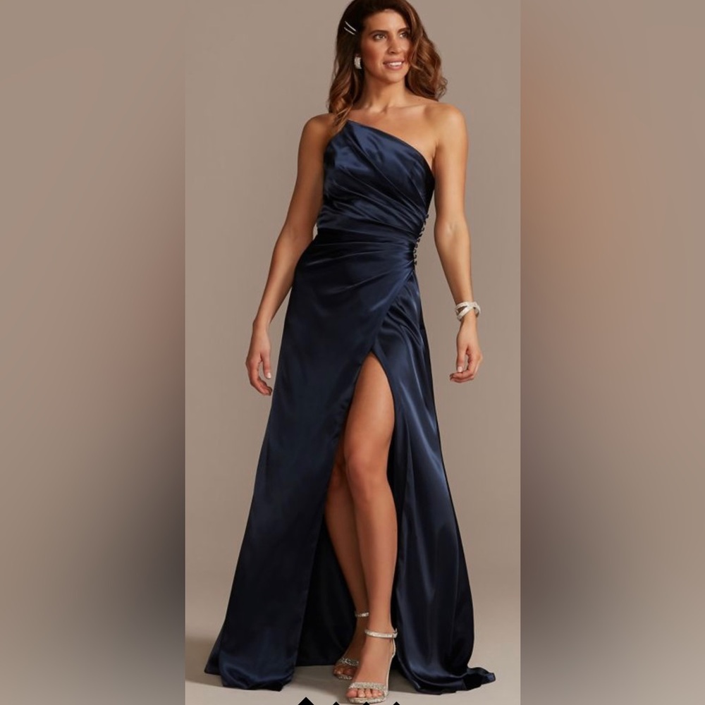 charmeuse draped one-shoulder bridesmaid dress, Galina Signature